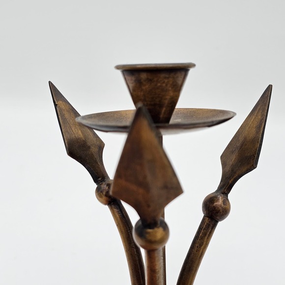 Single Bronze Metal Triple Arrow Candle Holder - Vintage Rustic Decor 8" - Picture 2 of 7